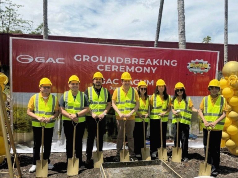 GAC Tagum groundbreaking ceremony. From left: Clark Owen Genil – DBMI General Sales and Marketing Manager; Ralph Descallar – Network Development and Training Head of Astara; Ryan Bermudez – GAC Sales Director; David Ross Bonifacio – DBMI President; Andri Ross Recto – DBMI Dealer Principal; Dr. Justine Marie Lucero – DBMI Dealer Principal; Maria Cecilia Elode Bonifacio – Corporate Secretary of DBMI; and Adriana Recto – DBMI Dealer Principal.
